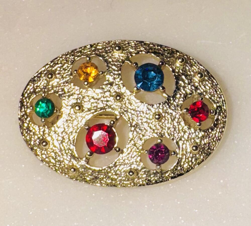 Vintage Emmons Signed Gold Tone Rhinestone Painter's Palette Oval Brooch Pin